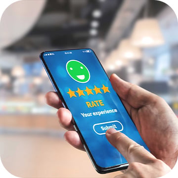 Customer Satisfaction Person clicking on a cellphone showing an excellent rating