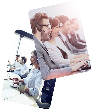 Customer support People with headsets typing on keyboards