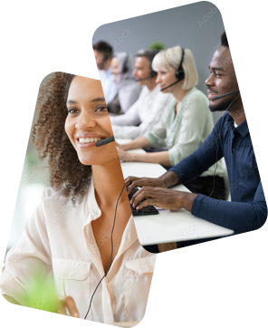 Telemarketing Woman and multiple people with headsets