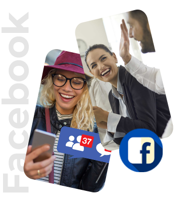 Social Media Engagement Man raising hand while a woman laughs, Woman smiles at her phones facebook