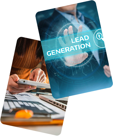 Lead generation Man holding up hand showing lead generation and woman clicking on tablet
