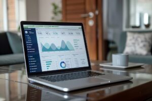 Laptop on desk with statistics on home office
