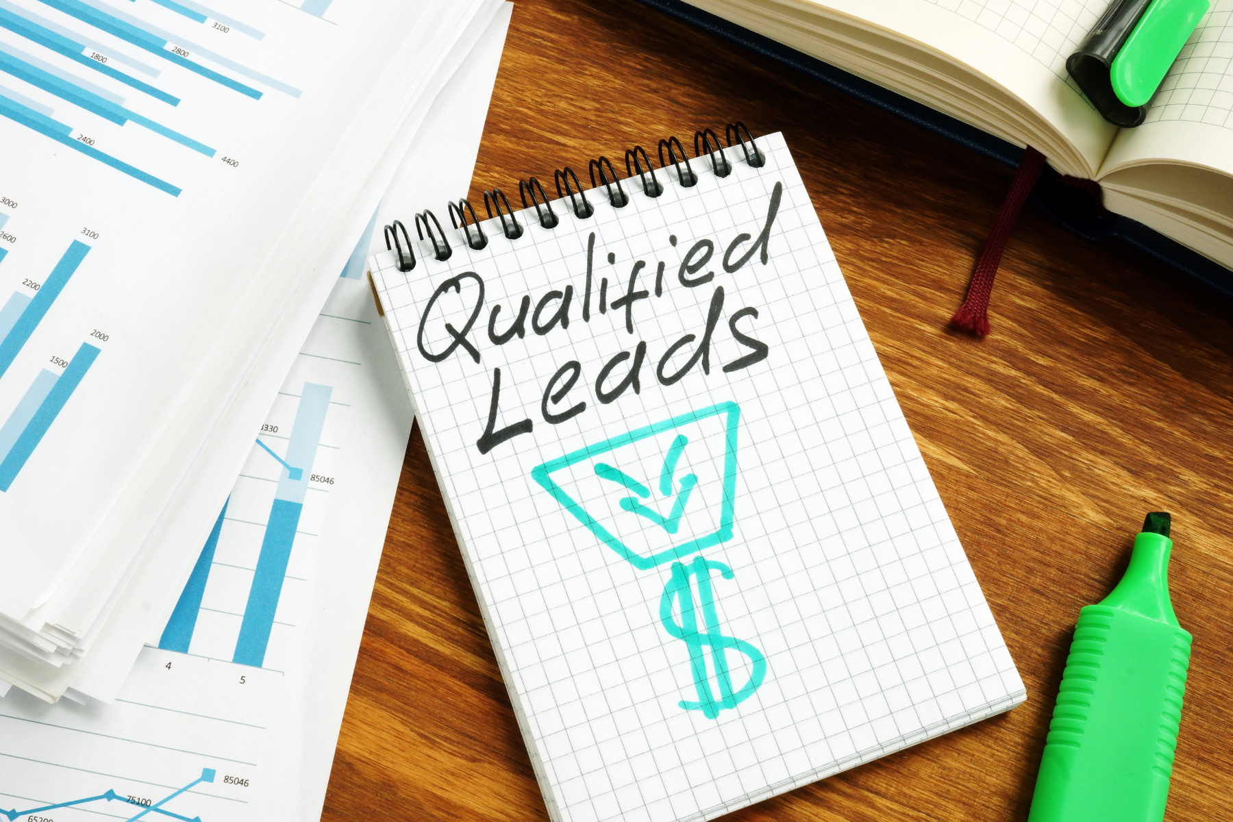 A notebook with "Qualified Leads" written in black ink, accompanied by a funnel icon and a dollar sign, surrounded by documents and a highlighter.