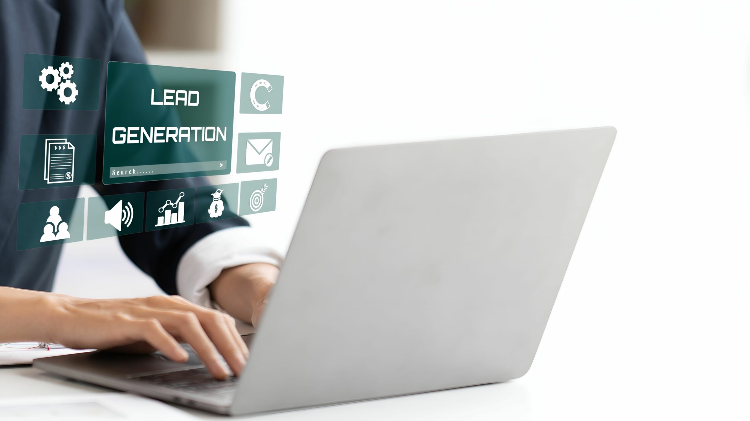 A professional working on a laptop with a holographic display of "Lead Generation," symbolizing digital marketing and business growth.