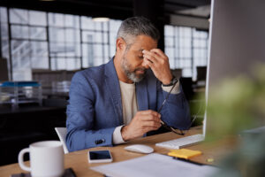 A middle-aged man is sitting at a desk in an office, rubbing his forehead with his hand while holding glasses in the other. He seems overwhelmed by the work on his computer screen, with a coffee mug and a phone in front of him. The workspace appears minimalist with a large window in the background.