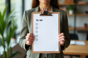 A person holding a clipboard with an empty to-do list in front of them. The paper has four empty checkboxes and the words "TO DO" at the top. The background has shelves with plants and books.