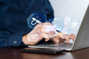Lead Generation concept. Businessman using laptop with lead generation icon on virtual screen.