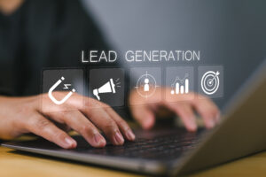 Lead Generation concept. Businessman using laptop with lead generation icon on virtual screen.