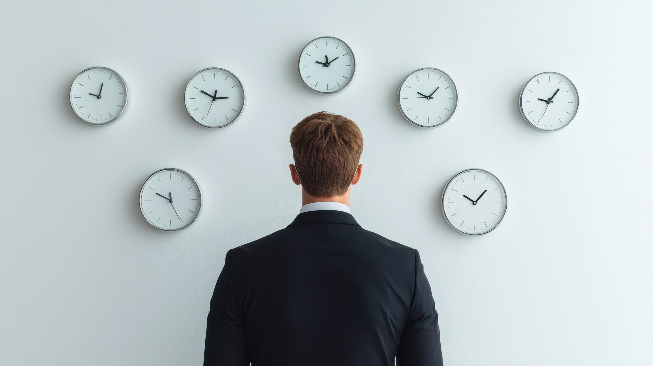A businessman in a suit standing in an office environment surrounded by multiple clocks