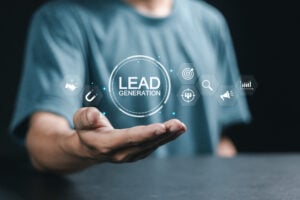 Man holding lead generation icons for analysis of financial business marketing strategies.