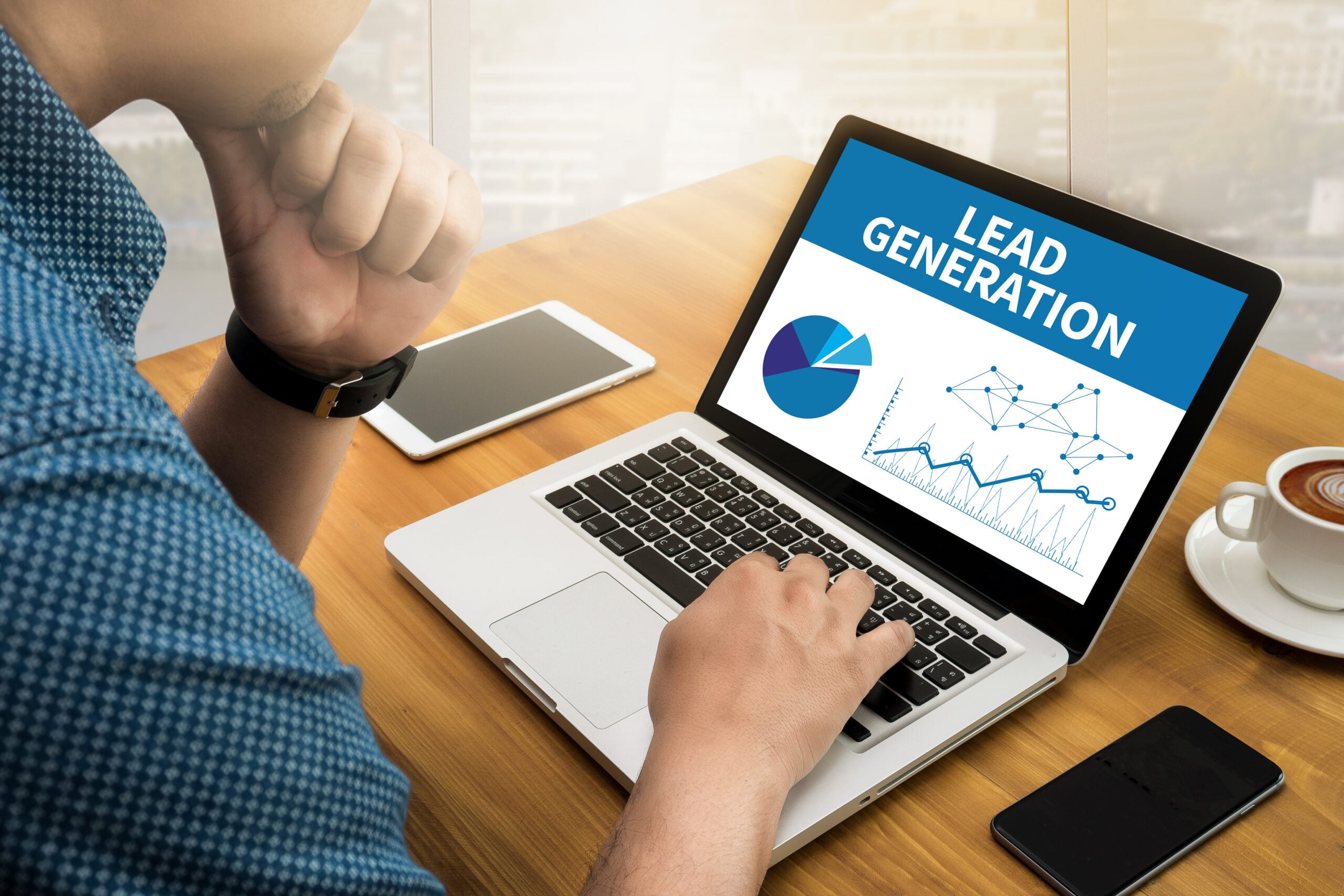 Person using laptop with words lead generation.
