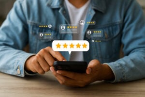 Person Reading Positive Customer Reviews on Smartphone Excellent FeedbacK.