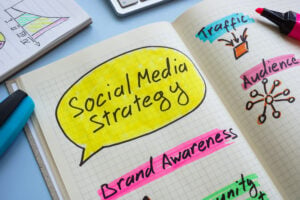 Notes in notebook about social media strategy.