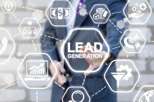 Lead Generation. Man presses lead generation button on virtual touch screen.