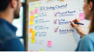 Two people collaborating on a whiteboard planning an seo strategy checklist with sticky notes.