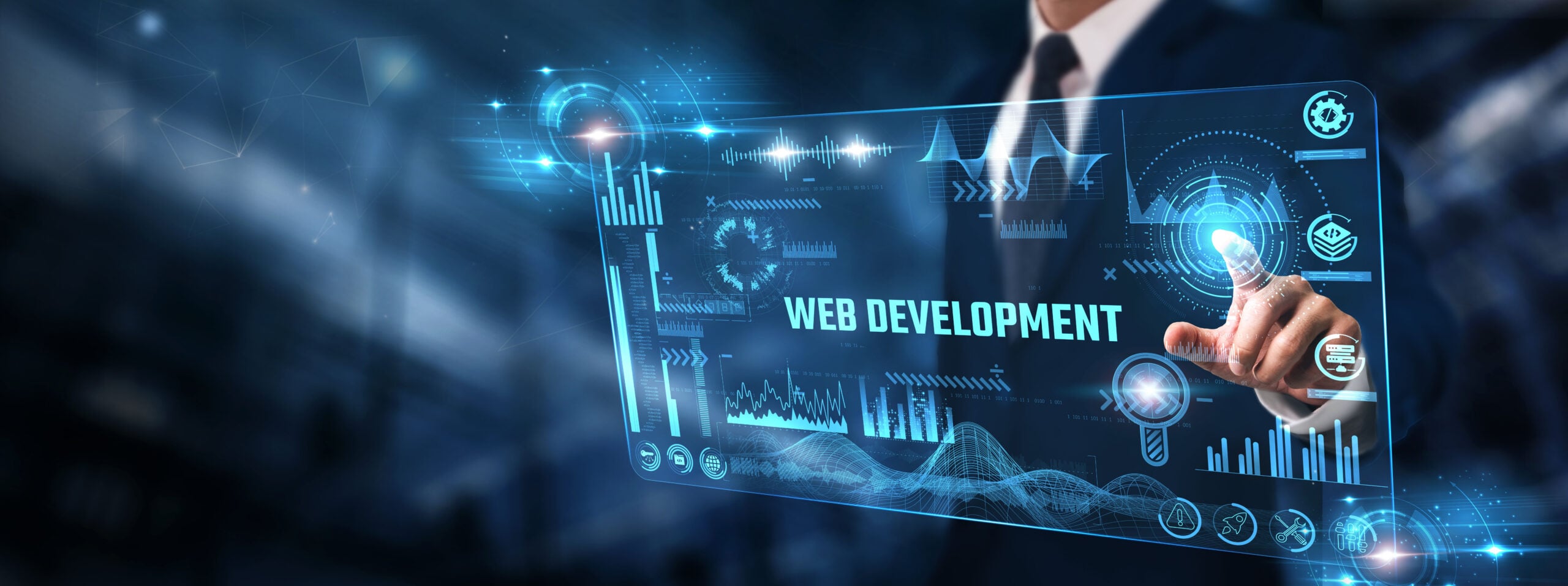 Business professional interacting with a futuristic digital interface labeled “Web Development,” surrounded by data graphics and icons.