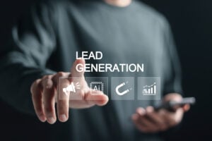 A person points toward a transparent digital interface labeled “LEAD GENERATION,” with icons such as a megaphone, AI chip, magnet, and growth chart. The scene suggests modern, technology-driven lead acquisition