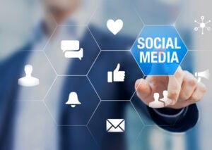 Social media network community manager touching icons.