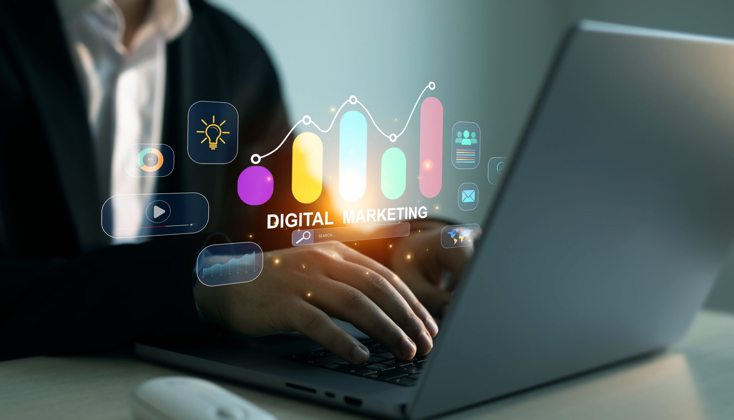 Person using computer. Digital marketing for promotion of products with social media, email, website and channel search engine icons .