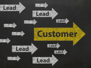 Arrow with words: leads, customer.
